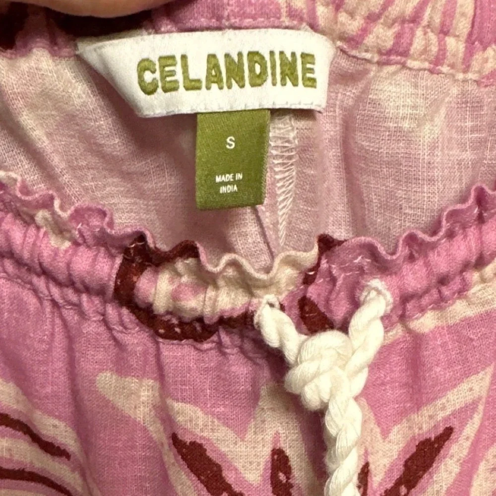 Celandine Pink Floral Woodblock Print Wide Leg Linen Blend Pants Small Boho - Picture 5 of 8